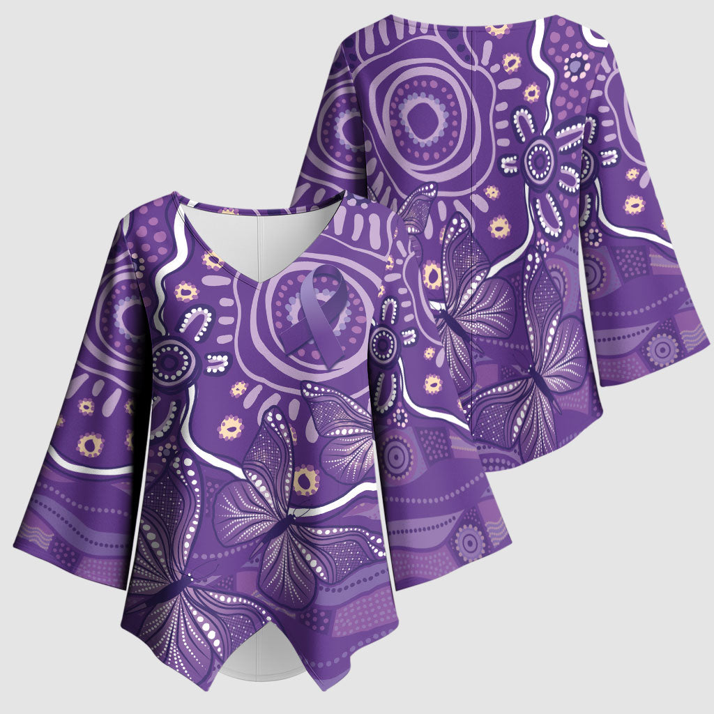Australia Lupus Day Indigenous Kimono Sleeve Blouse Purple Ribbon Aboriginal Butterflies