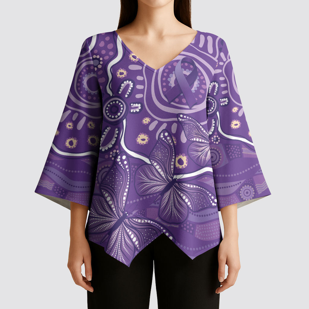 Australia Lupus Day Indigenous Kimono Sleeve Blouse Purple Ribbon Aboriginal Butterflies