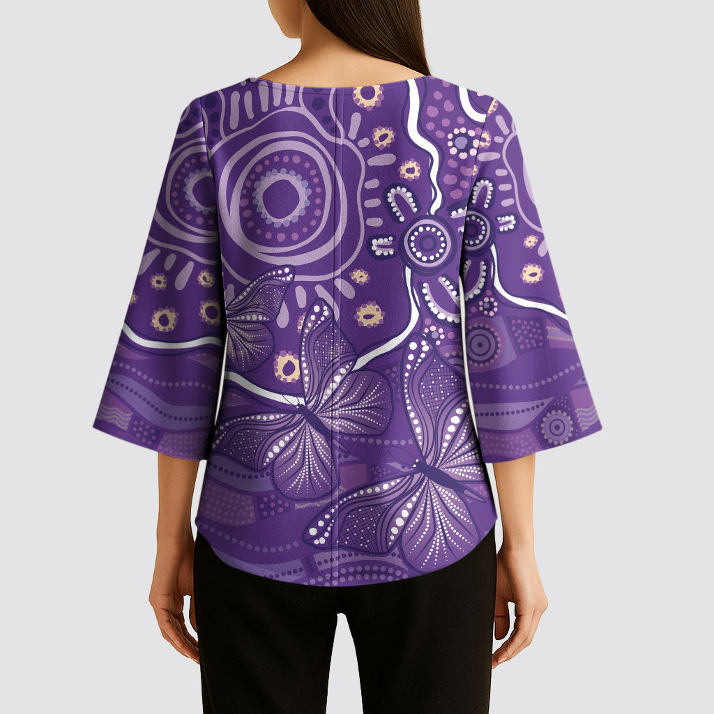 Australia Lupus Day Indigenous Kimono Sleeve Blouse Purple Ribbon Aboriginal Butterflies