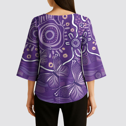 Australia Lupus Day Indigenous Kimono Sleeve Blouse Purple Ribbon Aboriginal Butterflies