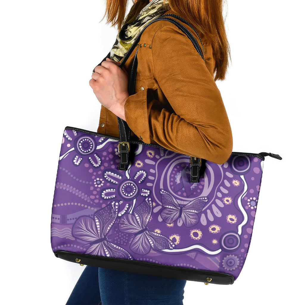 Australia Lupus Day Indigenous Leather Tote Bag Purple Ribbon Aboriginal Butterflies