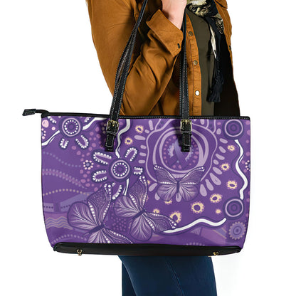 Australia Lupus Day Indigenous Leather Tote Bag Purple Ribbon Aboriginal Butterflies