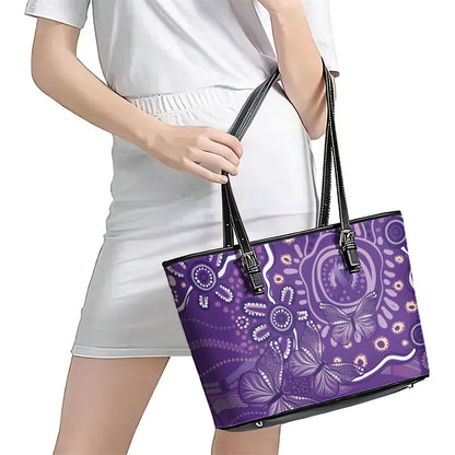 Australia Lupus Day Indigenous Leather Tote Bag Purple Ribbon Aboriginal Butterflies