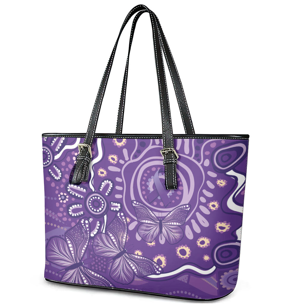 Australia Lupus Day Indigenous Leather Tote Bag Purple Ribbon Aboriginal Butterflies