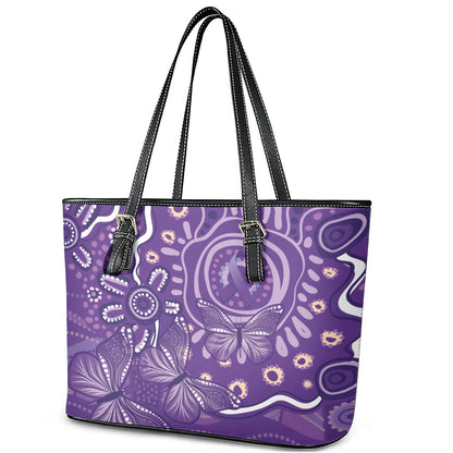 Australia Lupus Day Indigenous Leather Tote Bag Purple Ribbon Aboriginal Butterflies