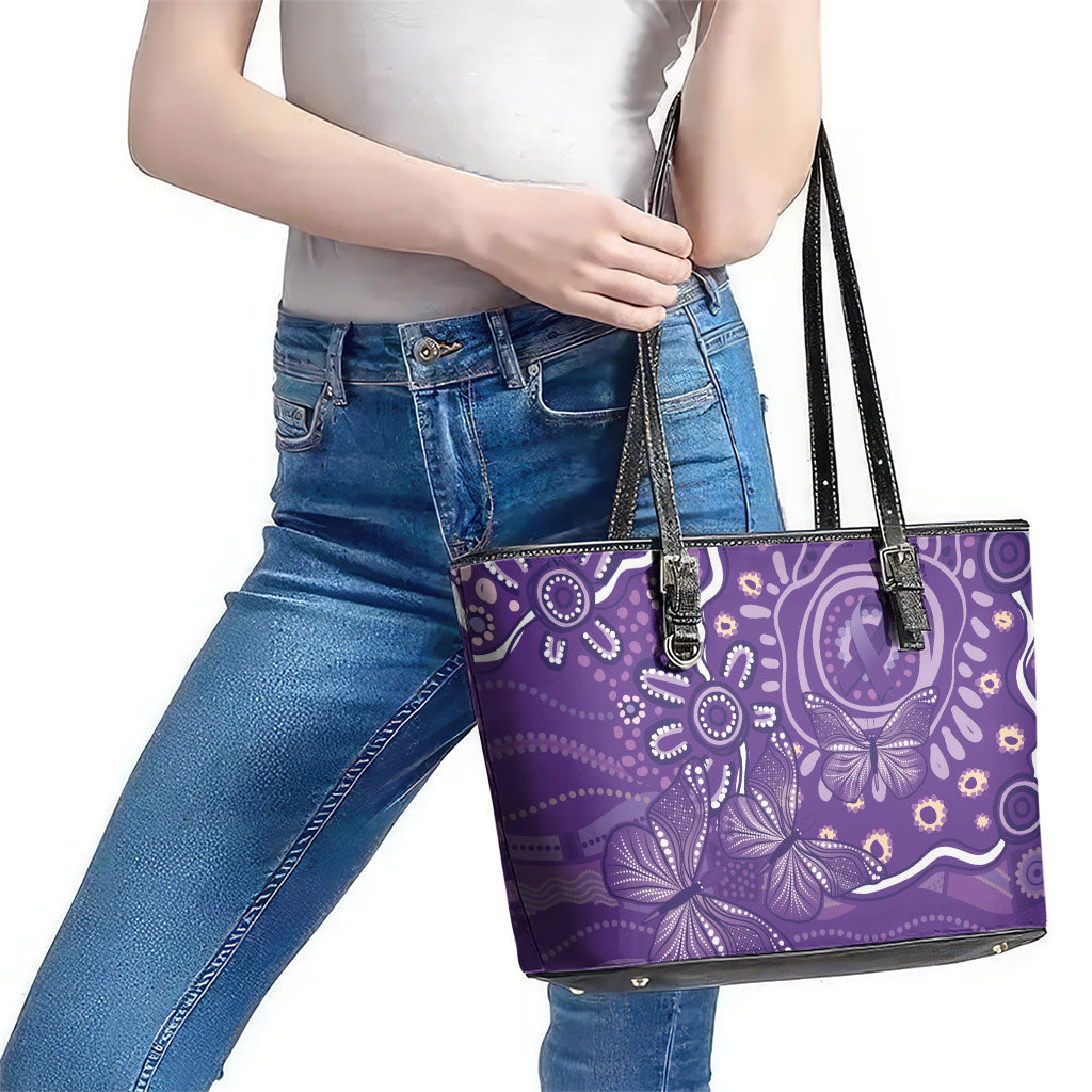 Australia Lupus Day Indigenous Leather Tote Bag Purple Ribbon Aboriginal Butterflies