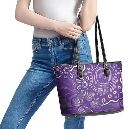 Australia Lupus Day Indigenous Leather Tote Bag Purple Ribbon Aboriginal Butterflies