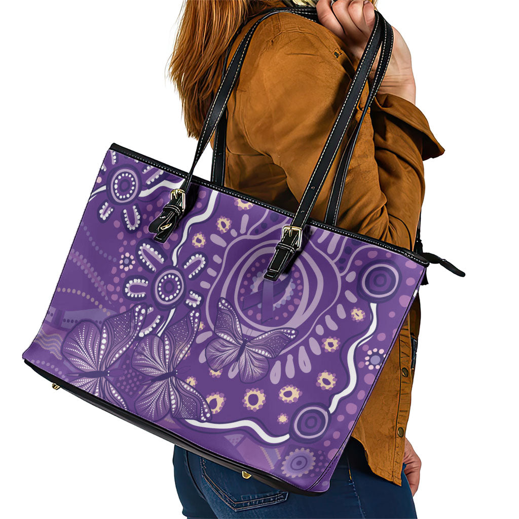 Australia Lupus Day Indigenous Leather Tote Bag Purple Ribbon Aboriginal Butterflies