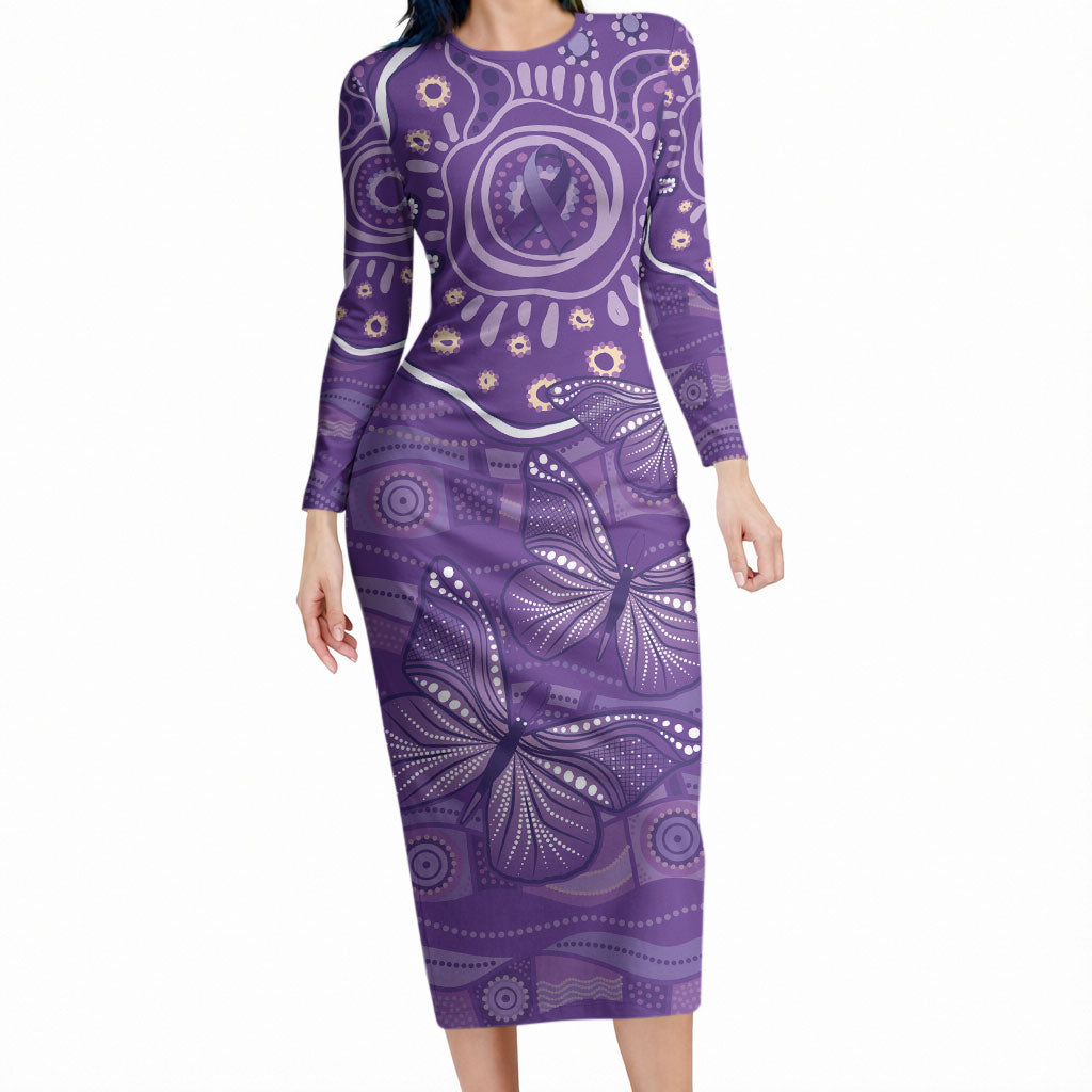 Australia Lupus Day Indigenous Long Sleeve Bodycon Dress Purple Ribbon Aboriginal Butterflies