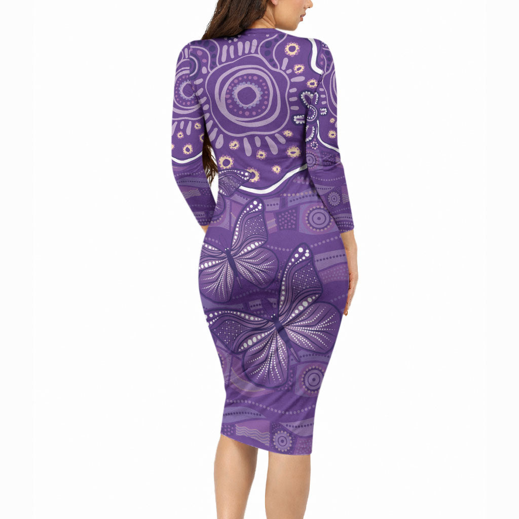 Australia Lupus Day Indigenous Long Sleeve Bodycon Dress Purple Ribbon Aboriginal Butterflies