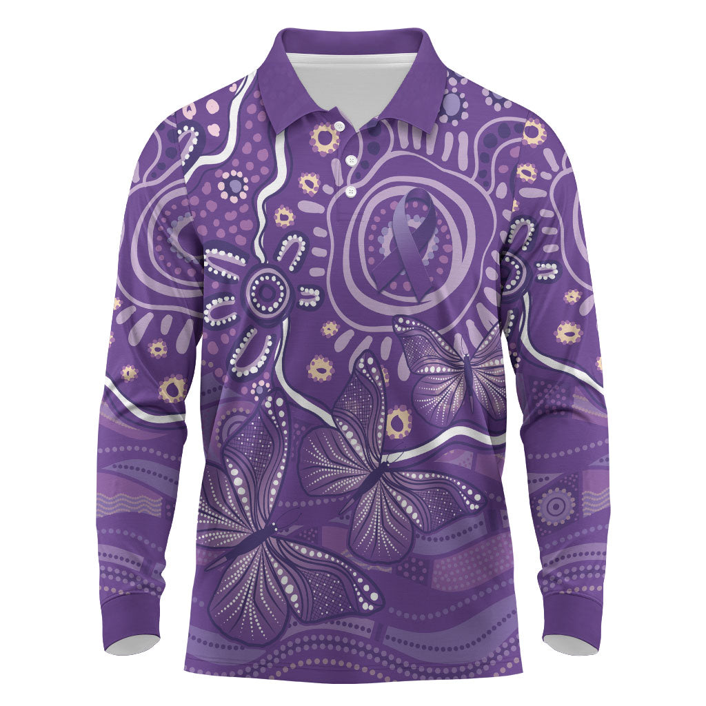 Australia Lupus Day Indigenous Long Sleeve Polo Shirt Purple Ribbon Aboriginal Butterflies
