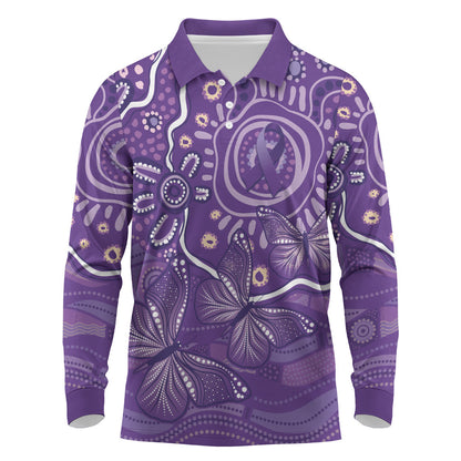 Australia Lupus Day Indigenous Long Sleeve Polo Shirt Purple Ribbon Aboriginal Butterflies