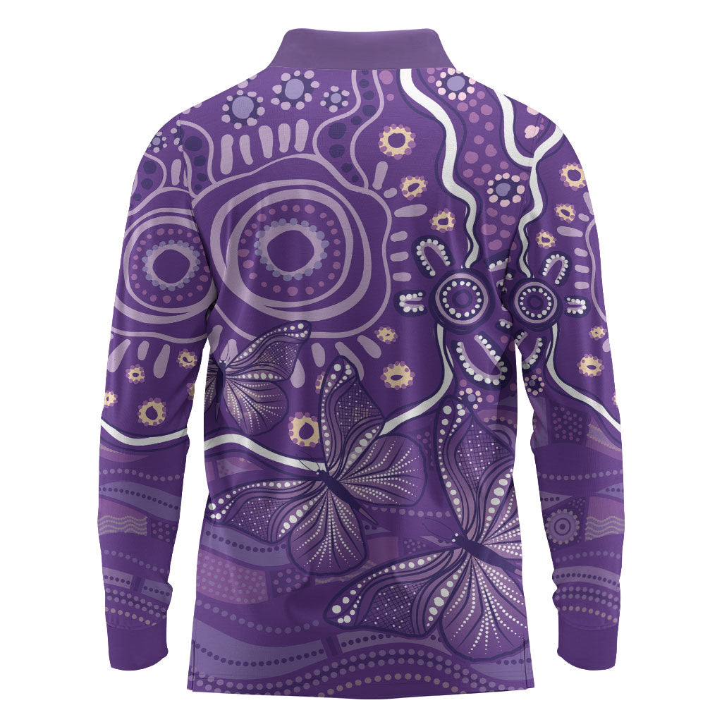Australia Lupus Day Indigenous Long Sleeve Polo Shirt Purple Ribbon Aboriginal Butterflies