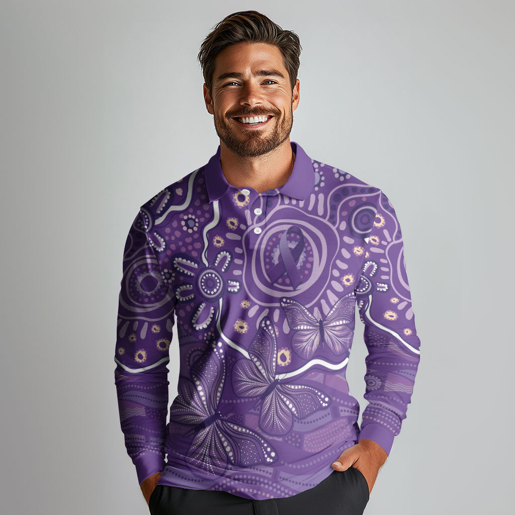 Australia Lupus Day Indigenous Long Sleeve Polo Shirt Purple Ribbon Aboriginal Butterflies