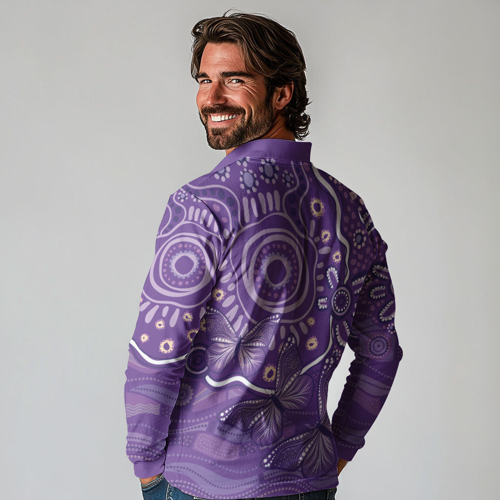 Australia Lupus Day Indigenous Long Sleeve Polo Shirt Purple Ribbon Aboriginal Butterflies