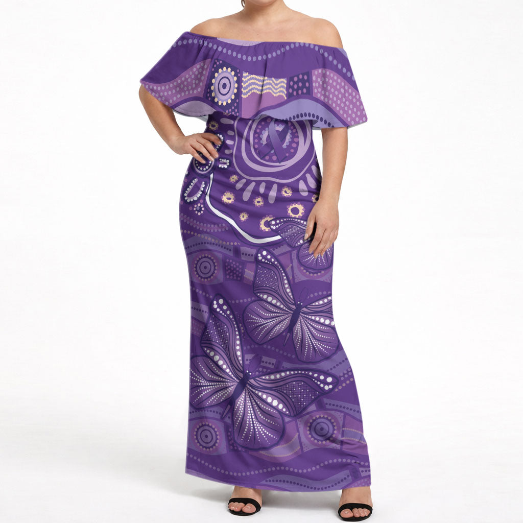 Australia Lupus Day Indigenous Off Shoulder Maxi Dress Purple Ribbon Aboriginal Butterflies