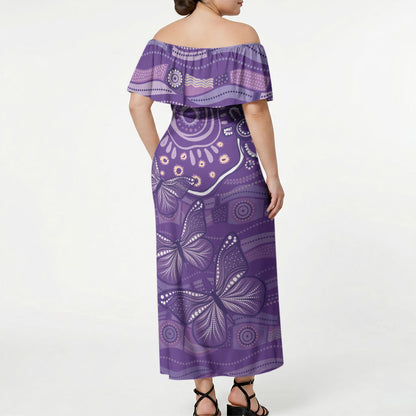Australia Lupus Day Indigenous Off Shoulder Maxi Dress Purple Ribbon Aboriginal Butterflies