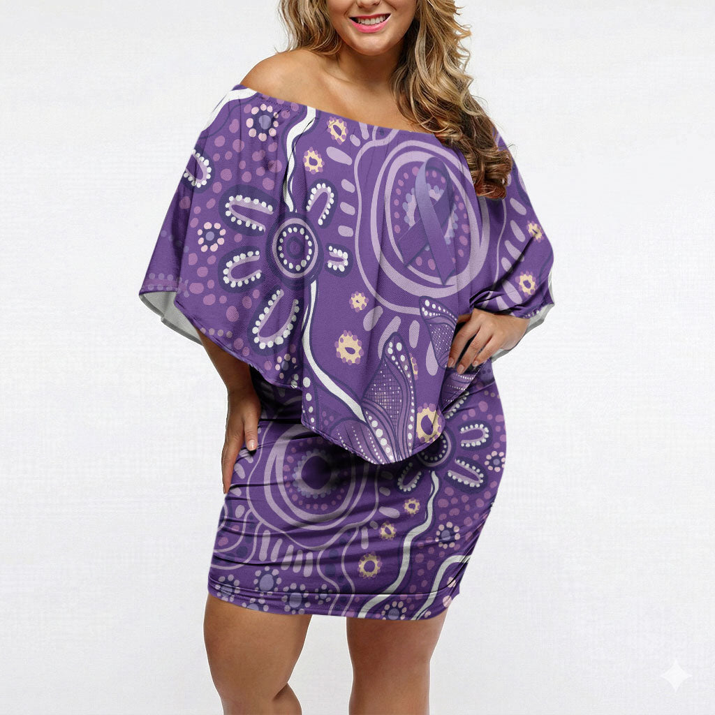 Australia Lupus Day Indigenous Off Shoulder Short Dress Purple Ribbon Aboriginal Butterflies