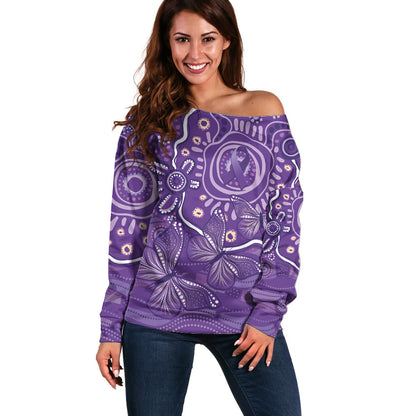 Australia Lupus Day Indigenous Off Shoulder Sweater Purple Ribbon Aboriginal Butterflies