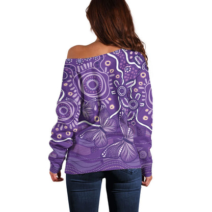 Australia Lupus Day Indigenous Off Shoulder Sweater Purple Ribbon Aboriginal Butterflies