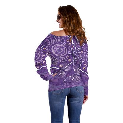 Australia Lupus Day Indigenous Off Shoulder Sweater Purple Ribbon Aboriginal Butterflies