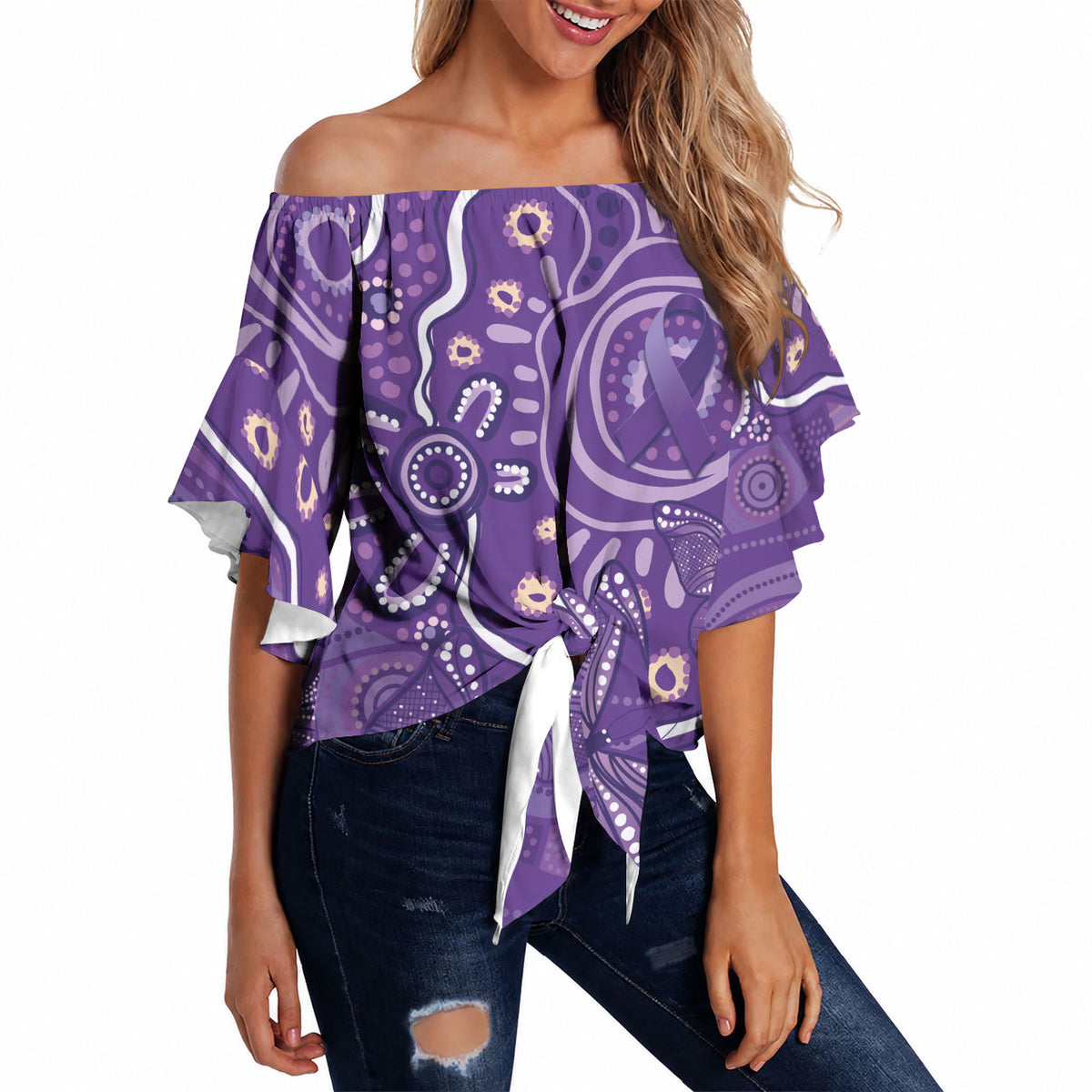 Australia Lupus Day Indigenous Off Shoulder Wrap Waist Top Purple Ribbon Aboriginal Butterflies