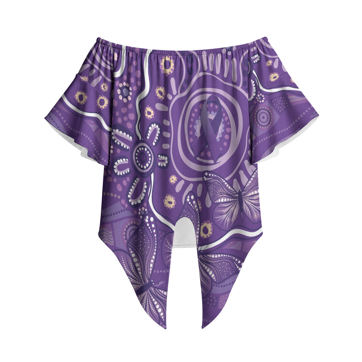 Australia Lupus Day Indigenous Off Shoulder Wrap Waist Top Purple Ribbon Aboriginal Butterflies