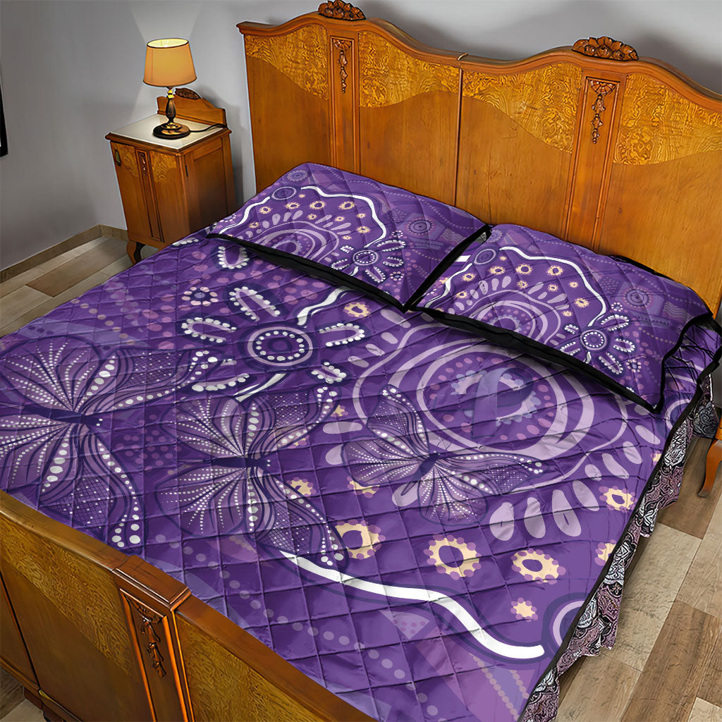 Australia Lupus Day Indigenous Quilt Bed Set Purple Ribbon Aboriginal Butterflies