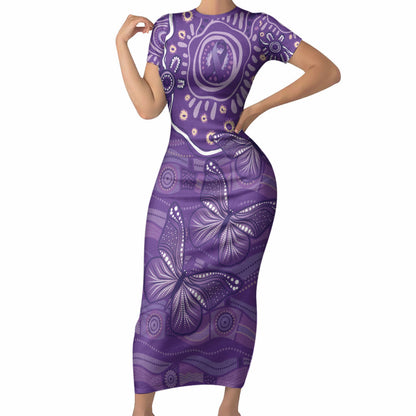 Australia Lupus Day Indigenous Short Sleeve Bodycon Dress Purple Ribbon Aboriginal Butterflies