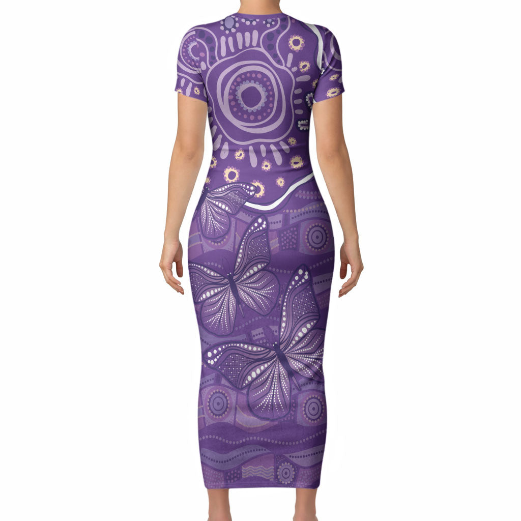Australia Lupus Day Indigenous Short Sleeve Bodycon Dress Purple Ribbon Aboriginal Butterflies