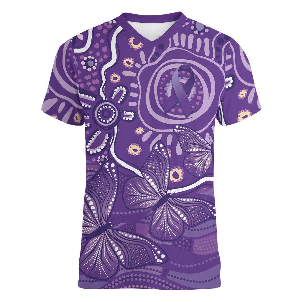 Australia Lupus Day Indigenous Women V-Neck T-Shirt Purple Ribbon Aboriginal Butterflies