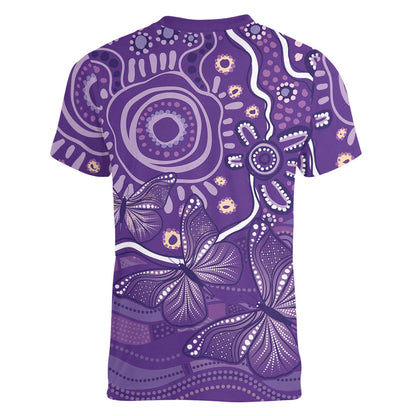 Australia Lupus Day Indigenous Women V-Neck T-Shirt Purple Ribbon Aboriginal Butterflies
