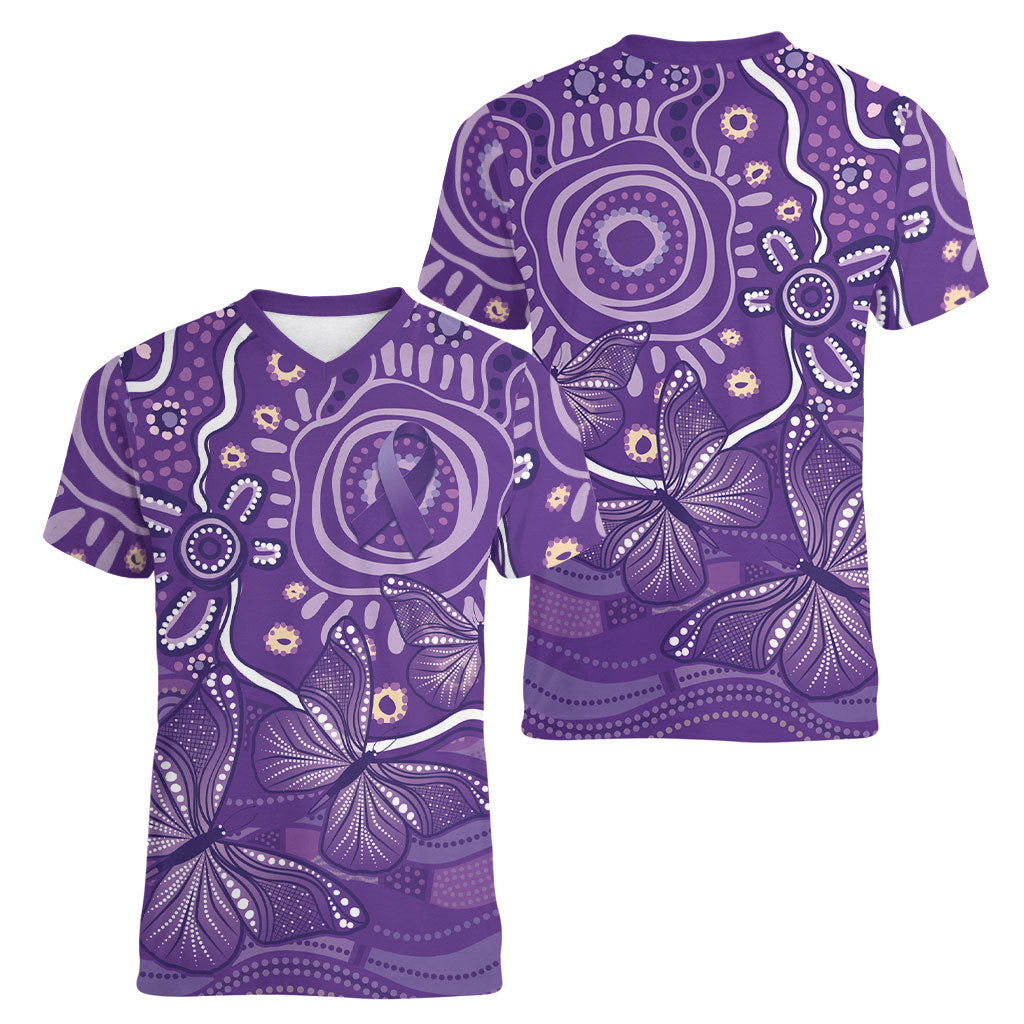 Australia Lupus Day Indigenous Women V-Neck T-Shirt Purple Ribbon Aboriginal Butterflies