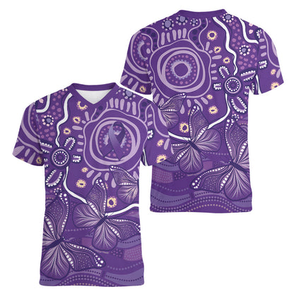 Australia Lupus Day Indigenous Women V-Neck T-Shirt Purple Ribbon Aboriginal Butterflies