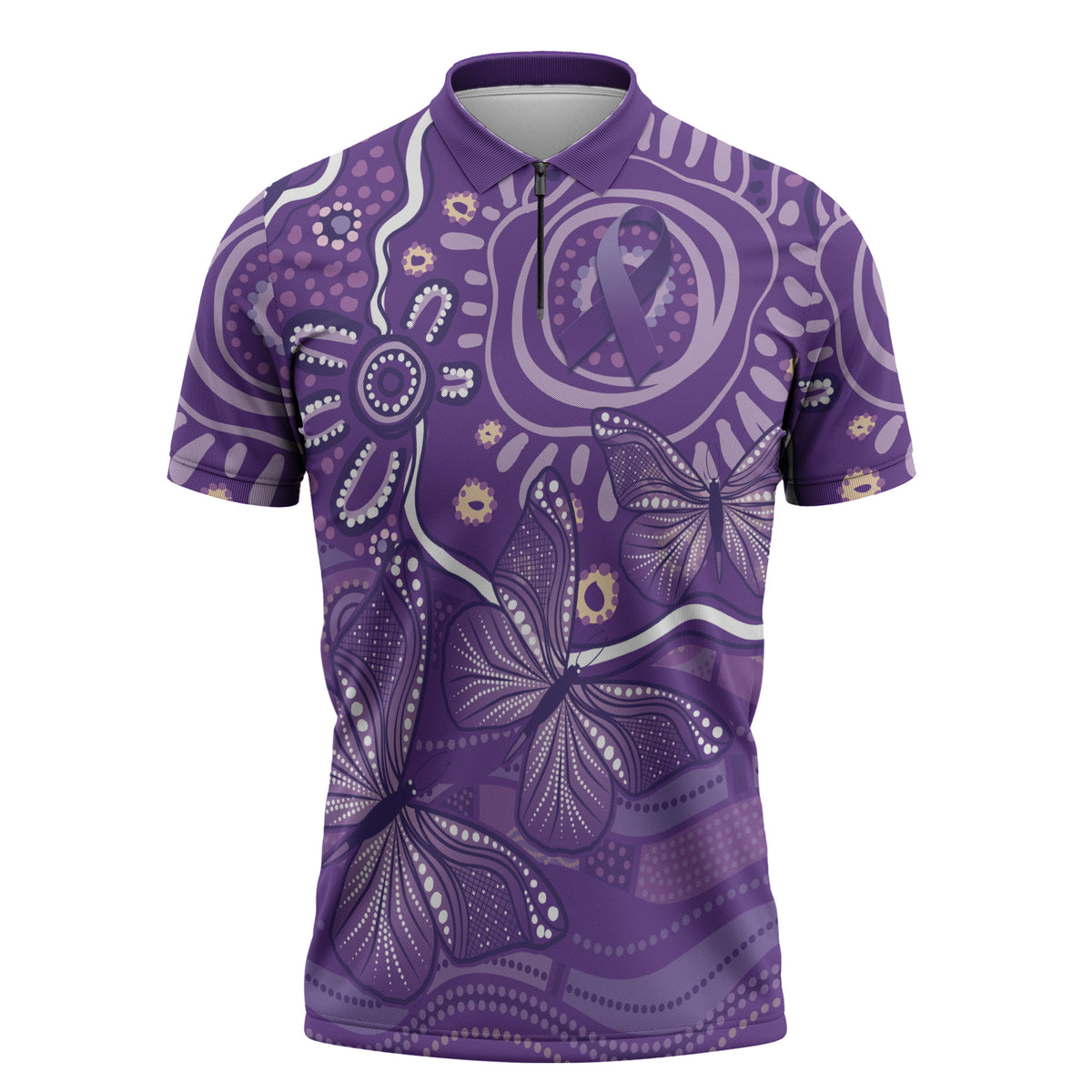 Australia Lupus Day Indigenous Zipper Polo Shirt Purple Ribbon Aboriginal Butterflies