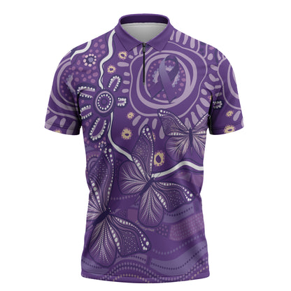 Australia Lupus Day Indigenous Zipper Polo Shirt Purple Ribbon Aboriginal Butterflies