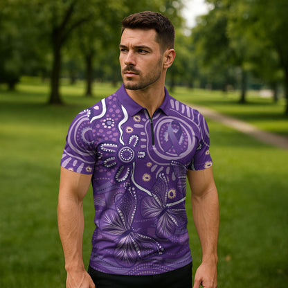 Australia Lupus Day Indigenous Zipper Polo Shirt Purple Ribbon Aboriginal Butterflies