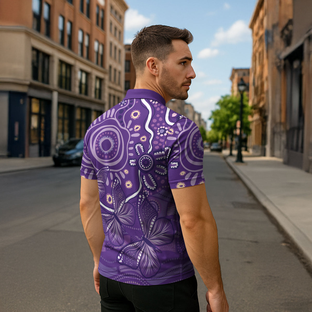 Australia Lupus Day Indigenous Zipper Polo Shirt Purple Ribbon Aboriginal Butterflies