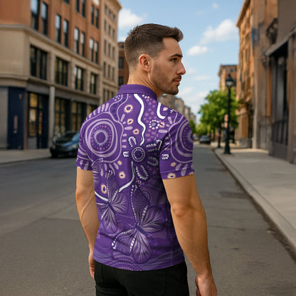 Australia Lupus Day Indigenous Zipper Polo Shirt Purple Ribbon Aboriginal Butterflies