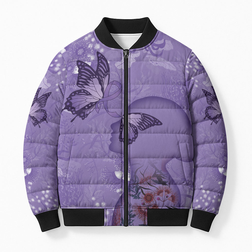 Lupus Cannot Stop Me Australia Floral Bomber Puffer Jacket Purple Ribbon