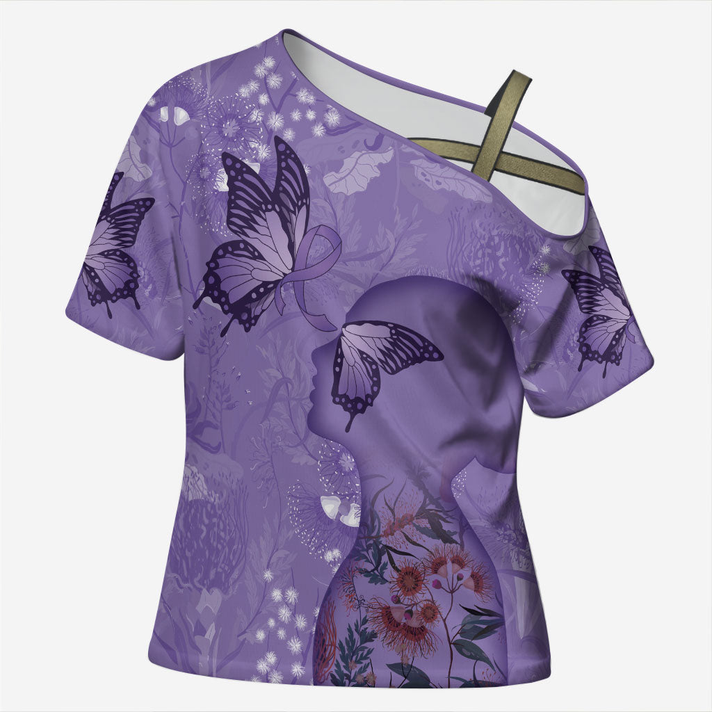 Lupus Cannot Stop Me Australia Floral Cross Shoulder Shirt Purple Ribbon