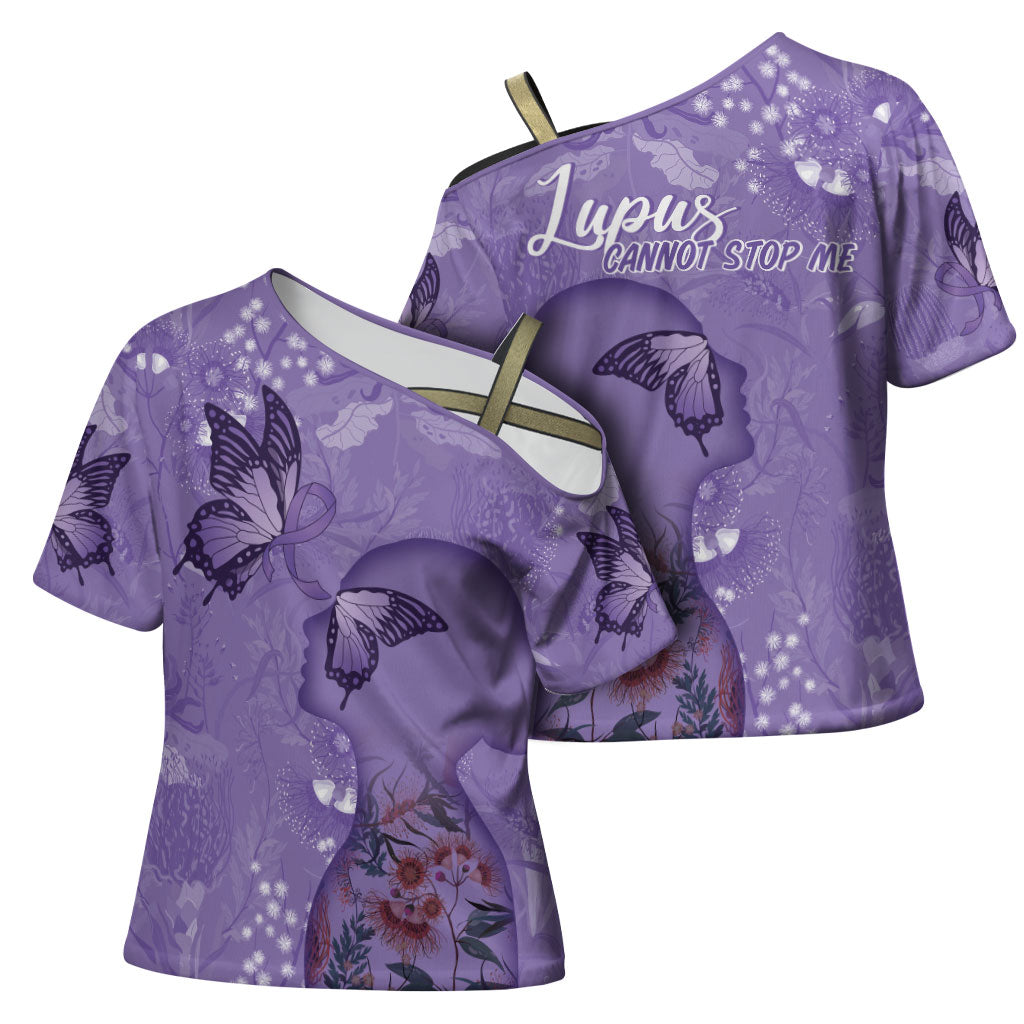 Lupus Cannot Stop Me Australia Floral Cross Shoulder Shirt Purple Ribbon