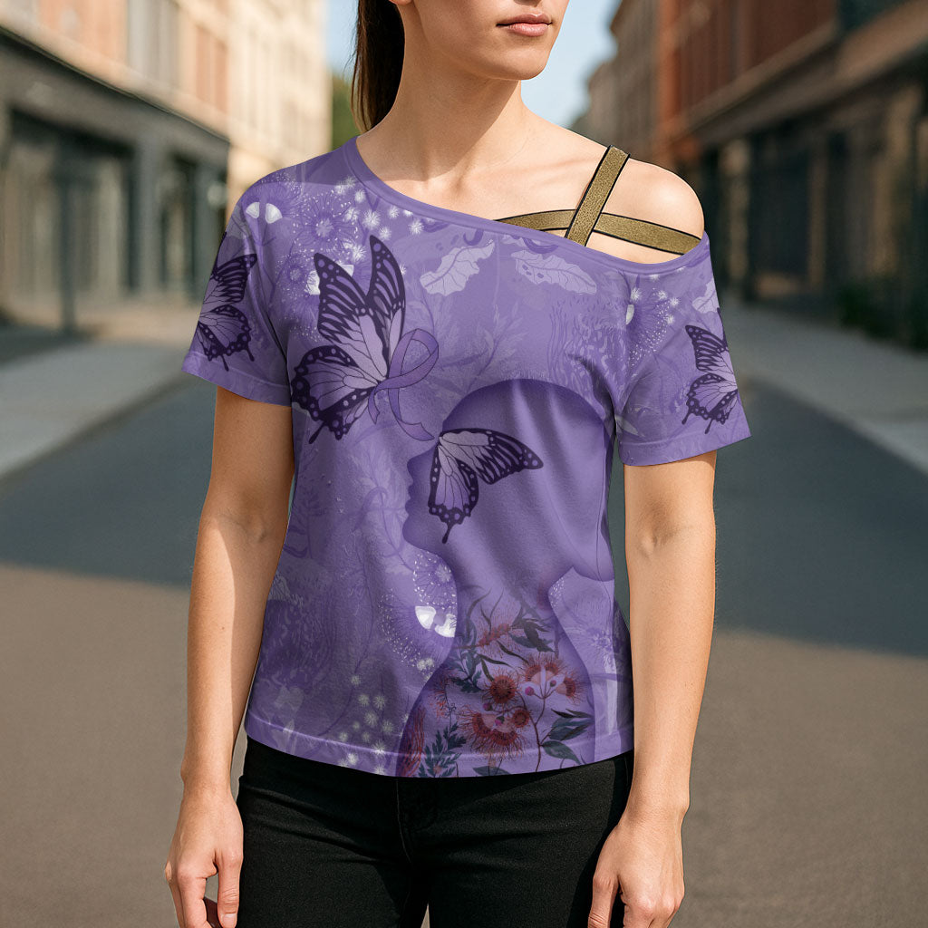 Lupus Cannot Stop Me Australia Floral Cross Shoulder Shirt Purple Ribbon