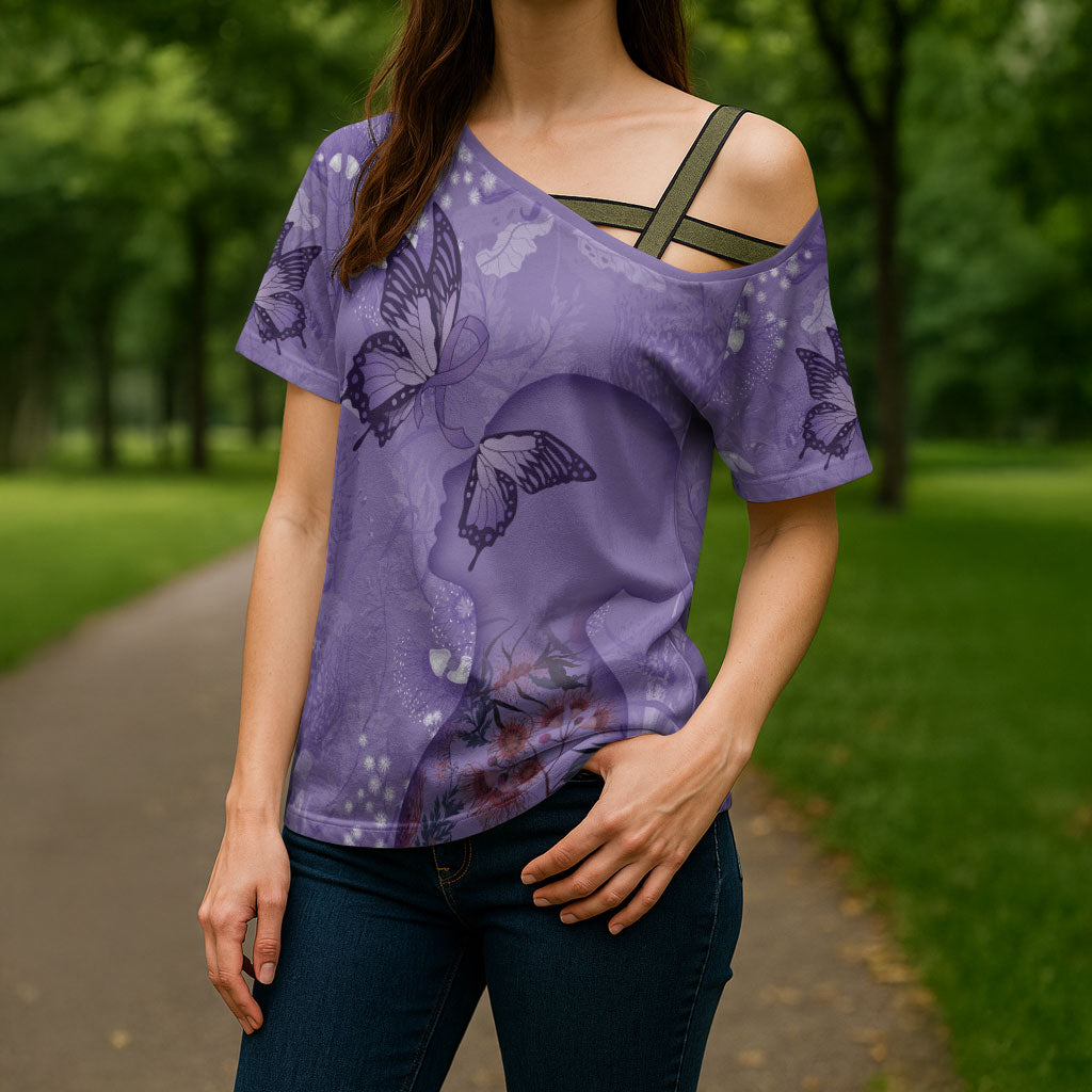 Lupus Cannot Stop Me Australia Floral Cross Shoulder Shirt Purple Ribbon