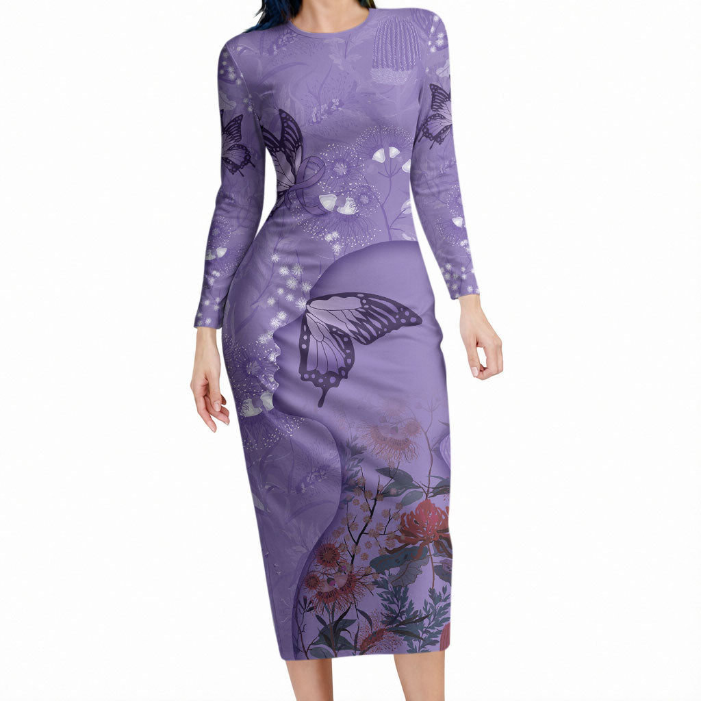 Lupus Cannot Stop Me Australia Floral Long Sleeve Bodycon Dress Purple Ribbon
