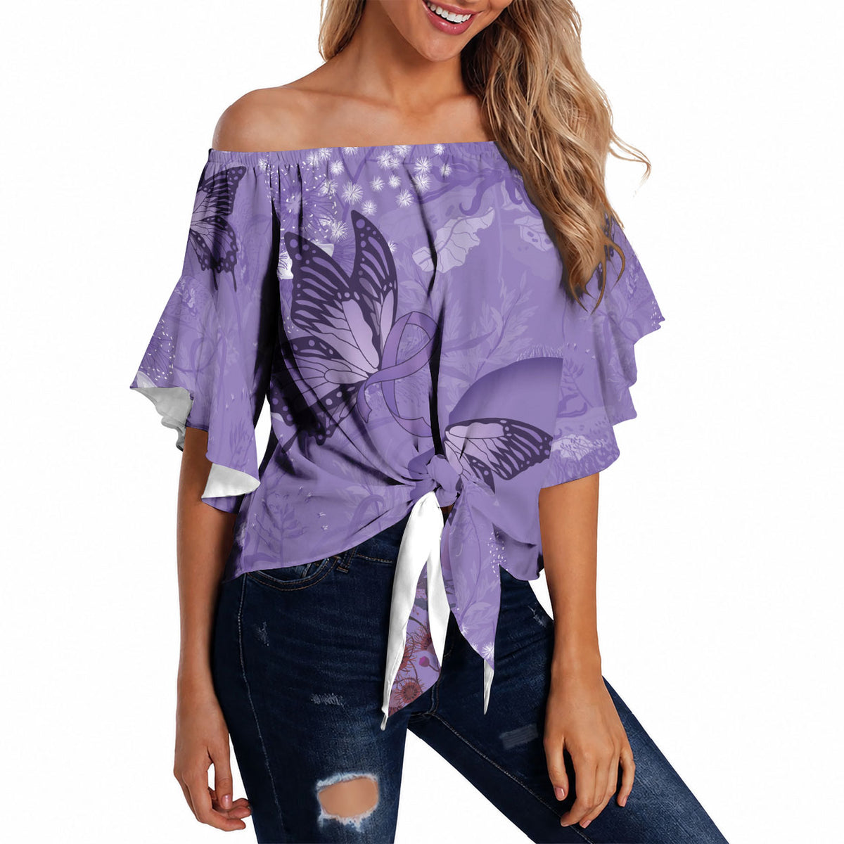 Lupus Cannot Stop Me Australia Floral Off Shoulder Wrap Waist Top Purple Ribbon