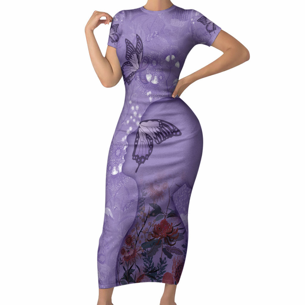 Lupus Cannot Stop Me Australia Floral Short Sleeve Bodycon Dress Purple Ribbon
