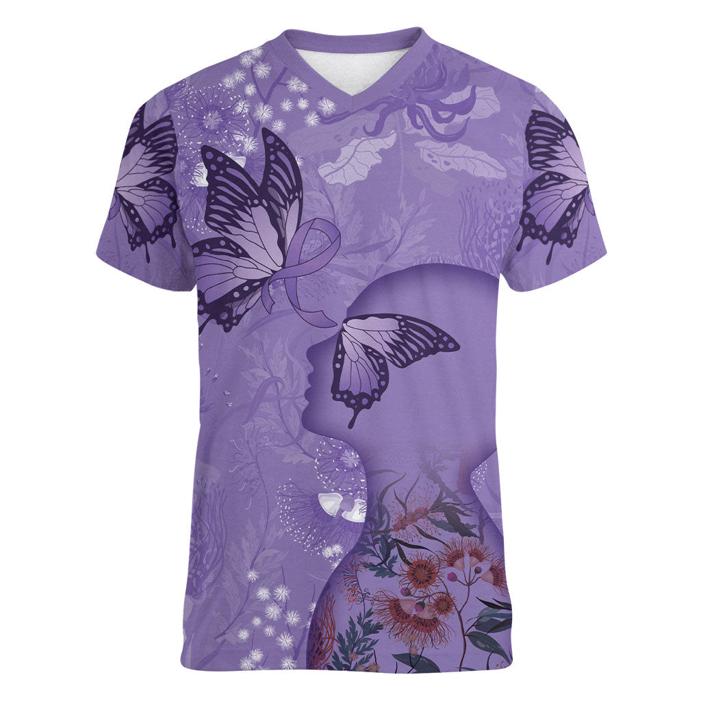 Lupus Cannot Stop Me Australia Floral Women V-Neck T-Shirt Purple Ribbon