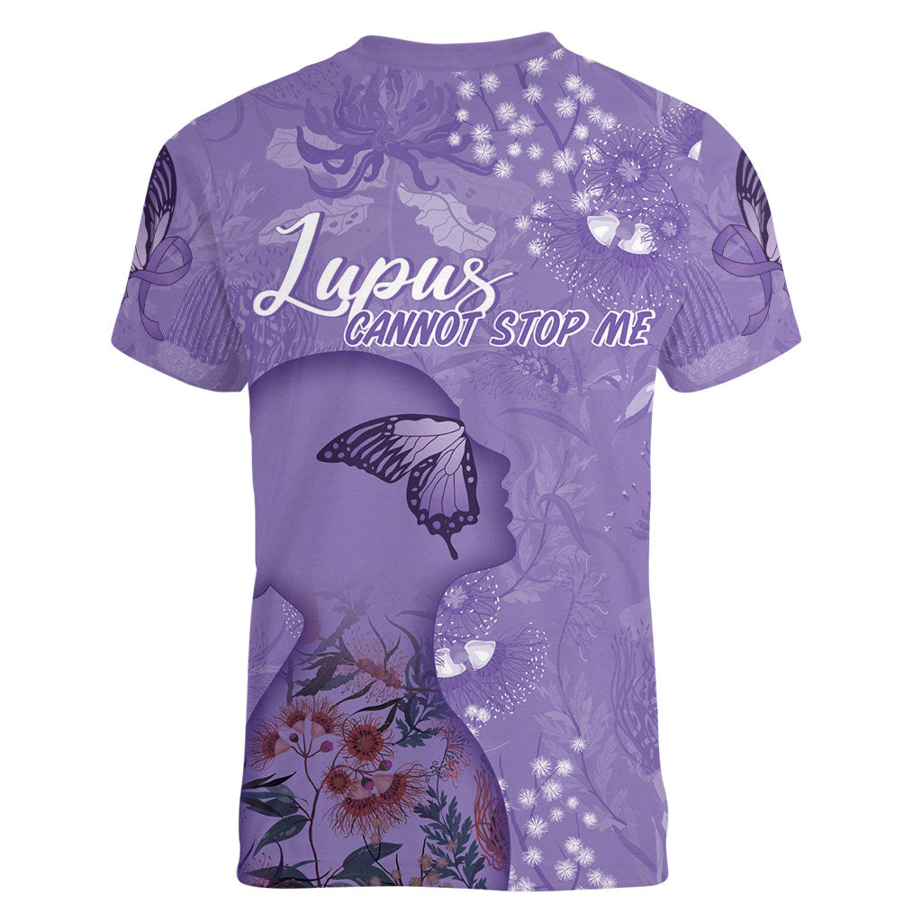 Lupus Cannot Stop Me Australia Floral Women V-Neck T-Shirt Purple Ribbon