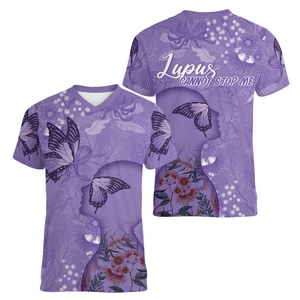 Lupus Cannot Stop Me Australia Floral Women V-Neck T-Shirt Purple Ribbon